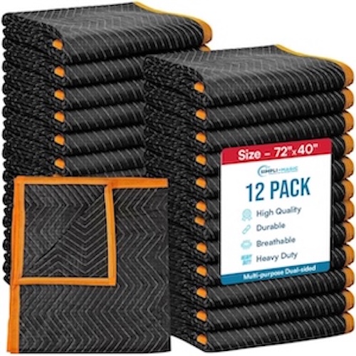 Stack of blue moving blankets