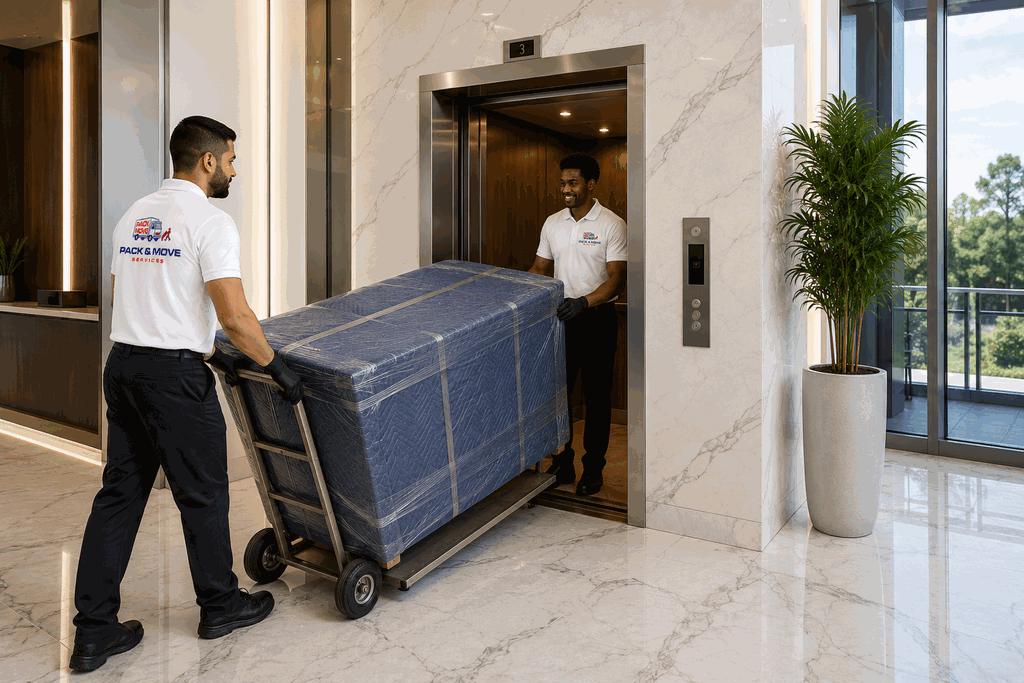 Pack & Move Services crew moving protected furniture through an elevator