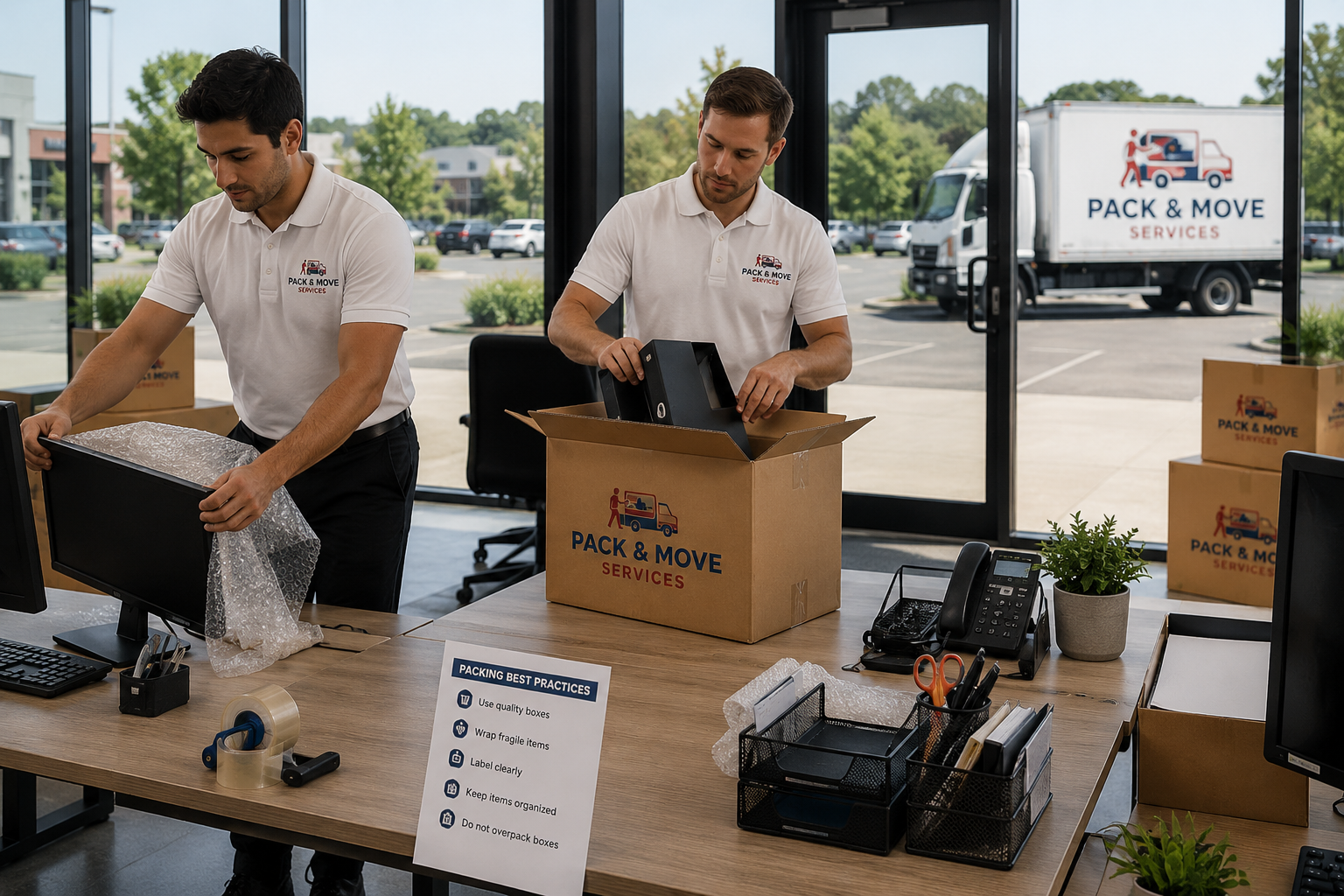 Pack & Move Services crew packing business inventory for storage
