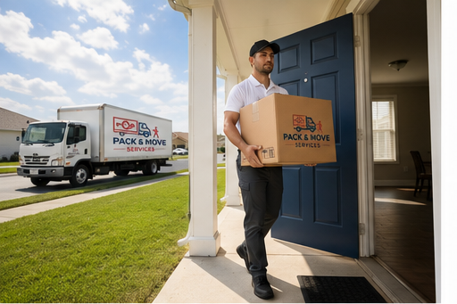 Pack & Move Services crew member carrying a packed box from a home