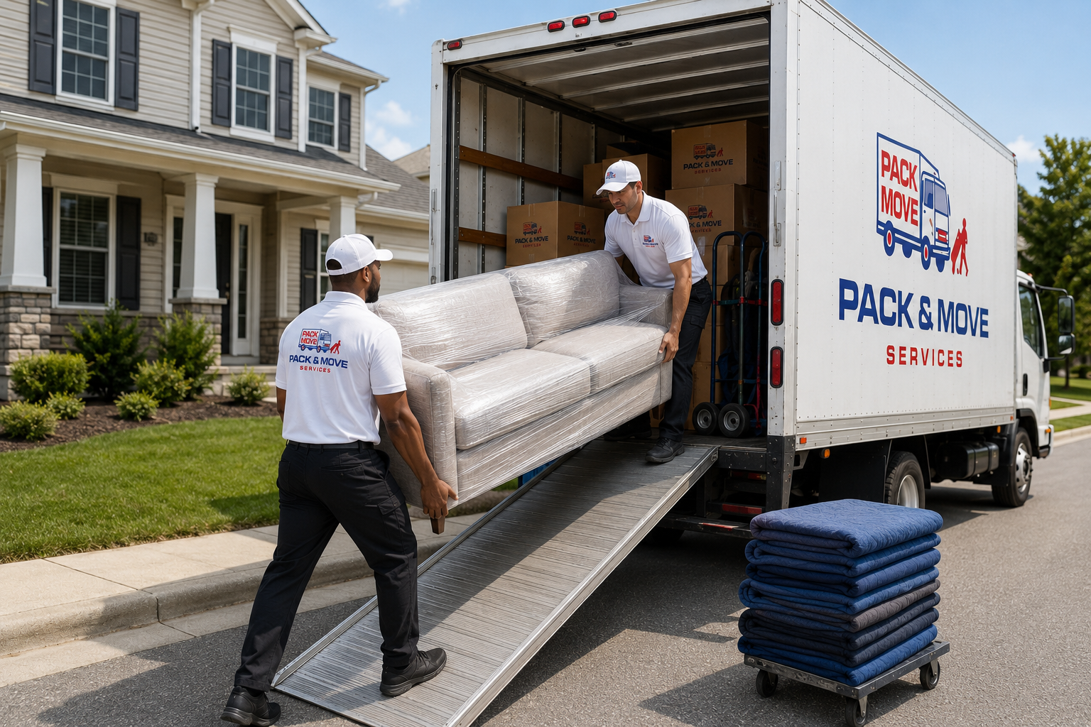 Pack & Move Services crew carrying protected furniture during a nearby storage move