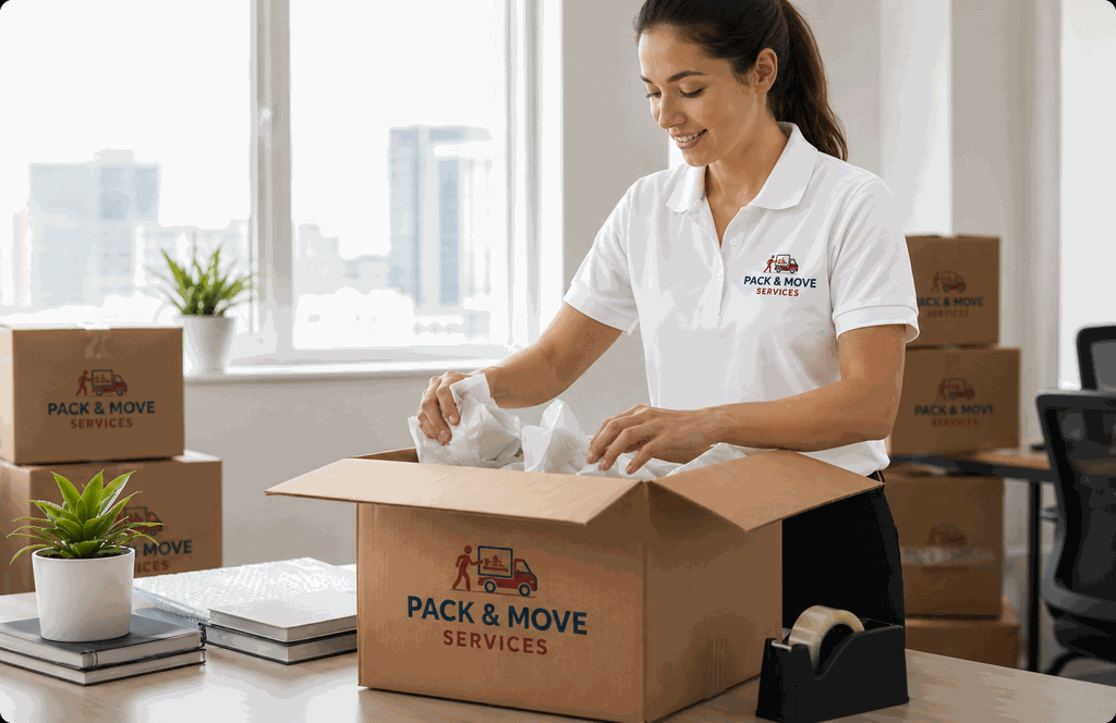 Pack & Move Services crew member packing belongings for storage