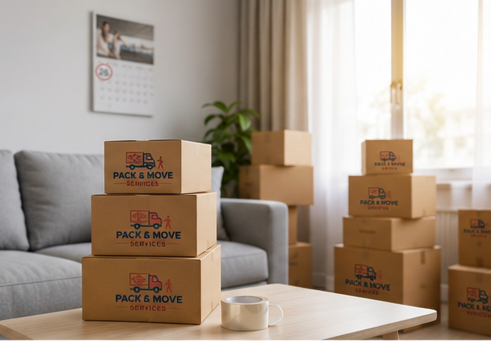 Packed Pack & Move Services boxes ready for a storage-unit move